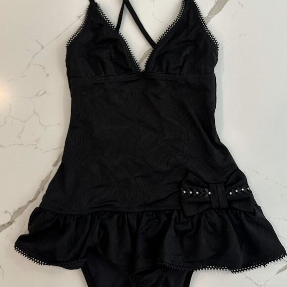 Betsey Johnson Black One Piece Bathing Suit Swim SZ S  Bow Criss Cross EUC - Picture 1 of 10
